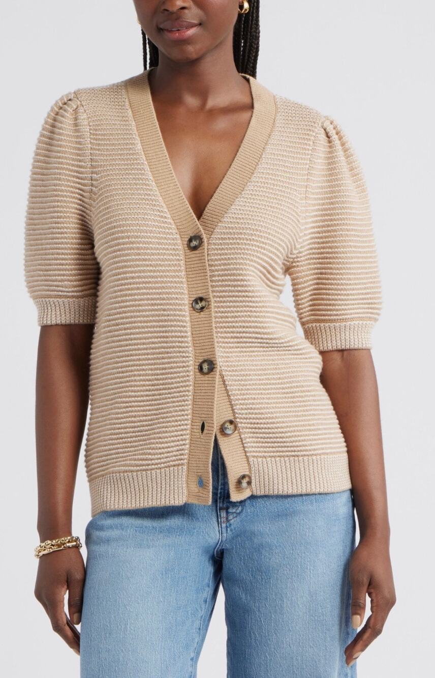 Caslon Links Puff Sleeve Merino Wool Cardigan Tan Ivory Striped Button Front